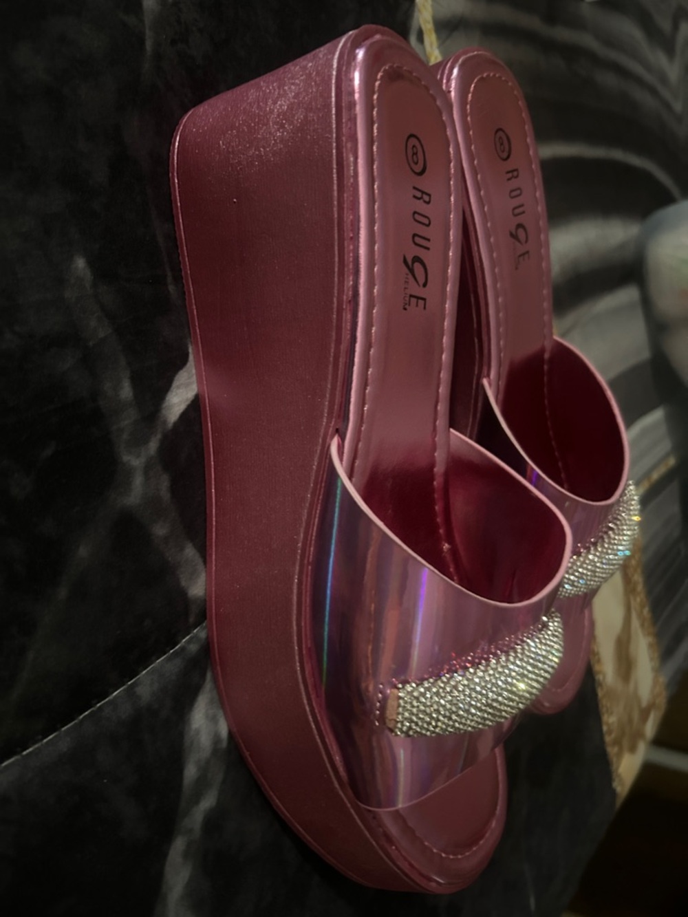 RouGe Pink Holographic Slide Sandals with Crystal Accent - Picture 3 of 5